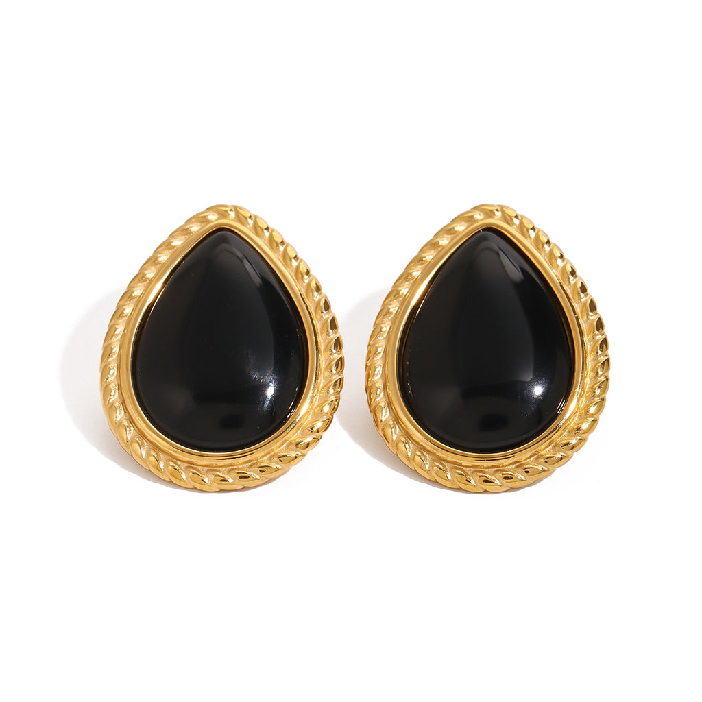 Gold-Tone Black Oval Stainless Steel Stud Earrings — wholesale view 4