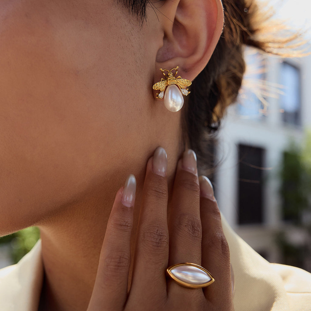 Gold-Tone Bee Pearl-Look Stainless Steel Stud Earrings – styled view
