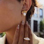 Gold-Tone Bee Pearl-Look Stainless Steel Stud Earrings – styled view