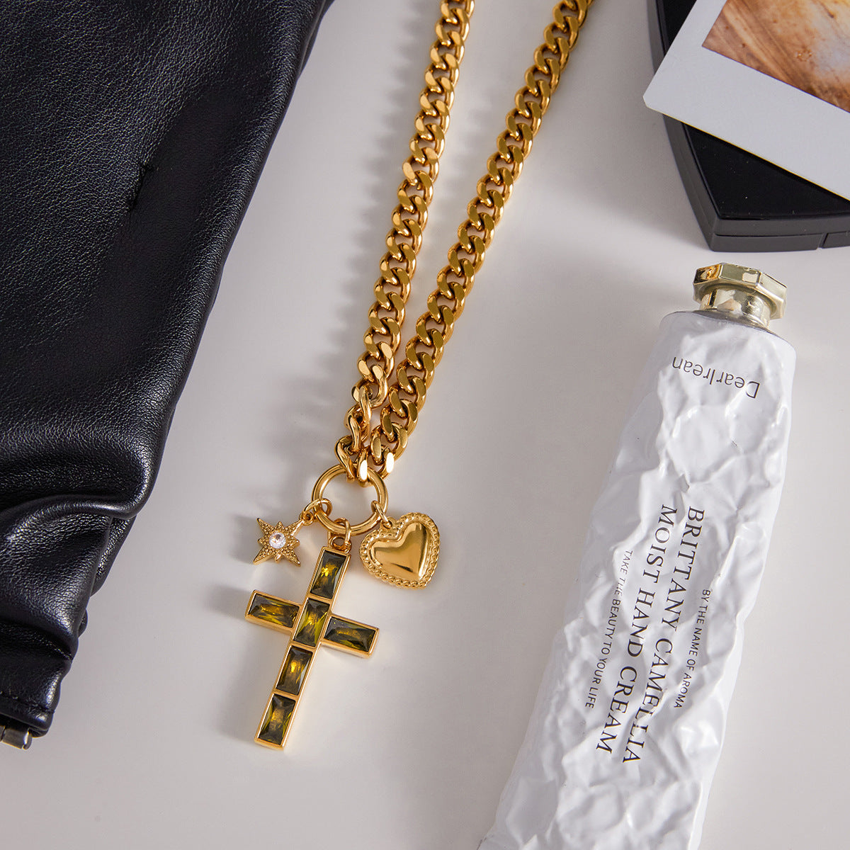 Wholesale Gold-Tone Stainless Steel Clear Stone Cross Pendant Necklace - front view