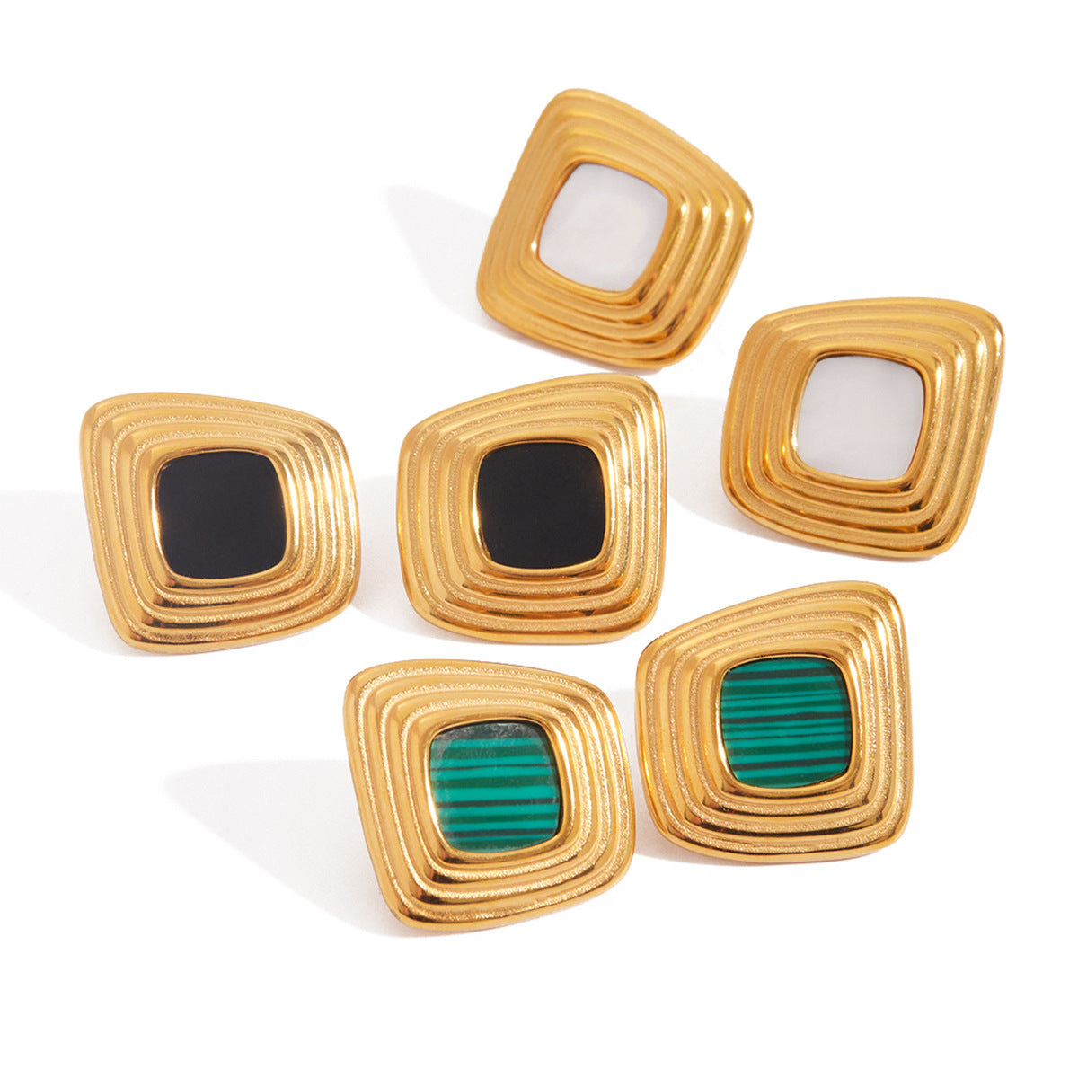 Wholesale Gold-Tone Stainless Steel Resin Square Stud Earrings in Three Colors - design detail