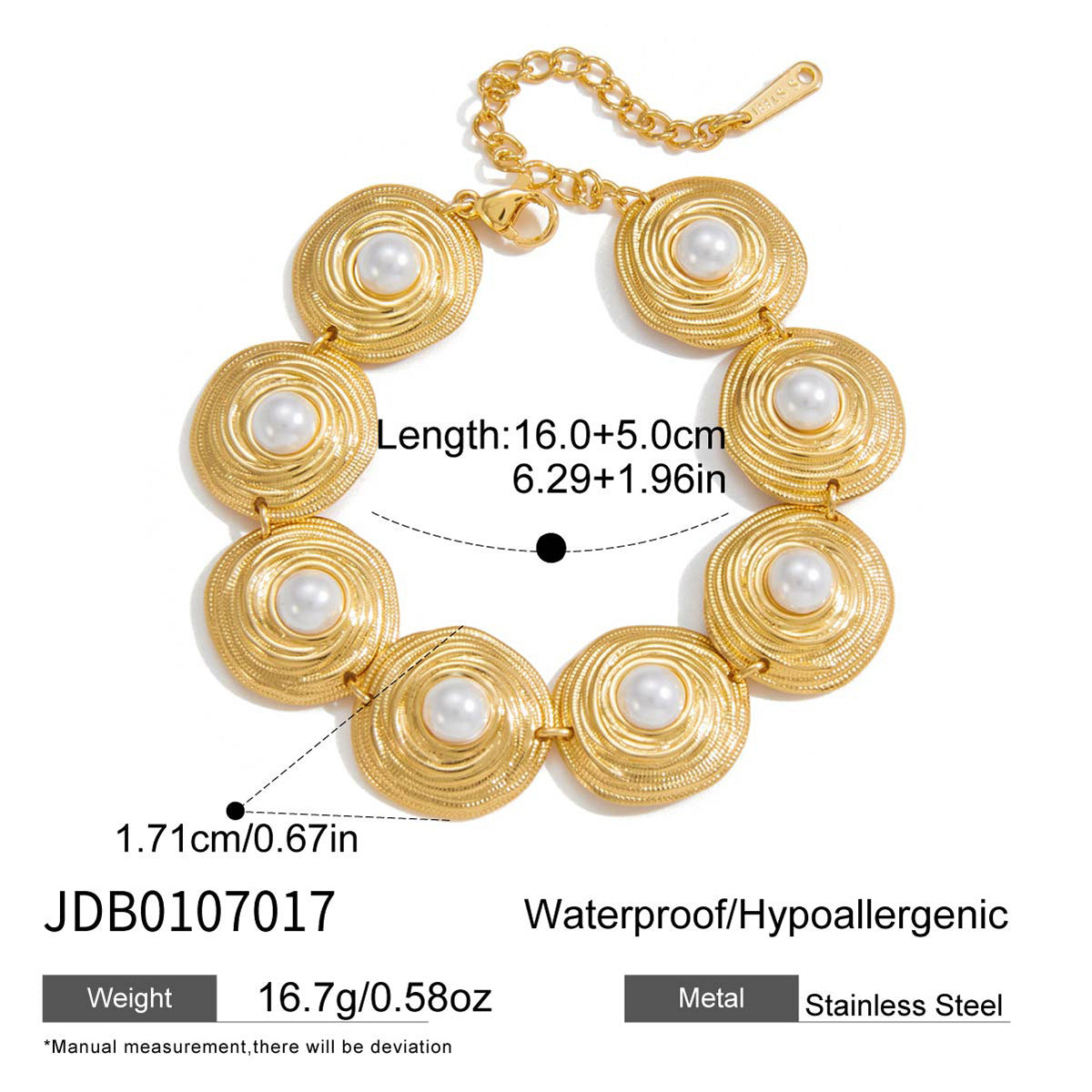 Gold-Tone Pearl-Look Stainless Steel Necklace and Bracelet Collection size and proportion reference