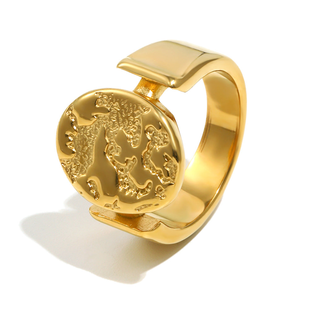 gold plated celestial signet ring with round relief face and polished bridge