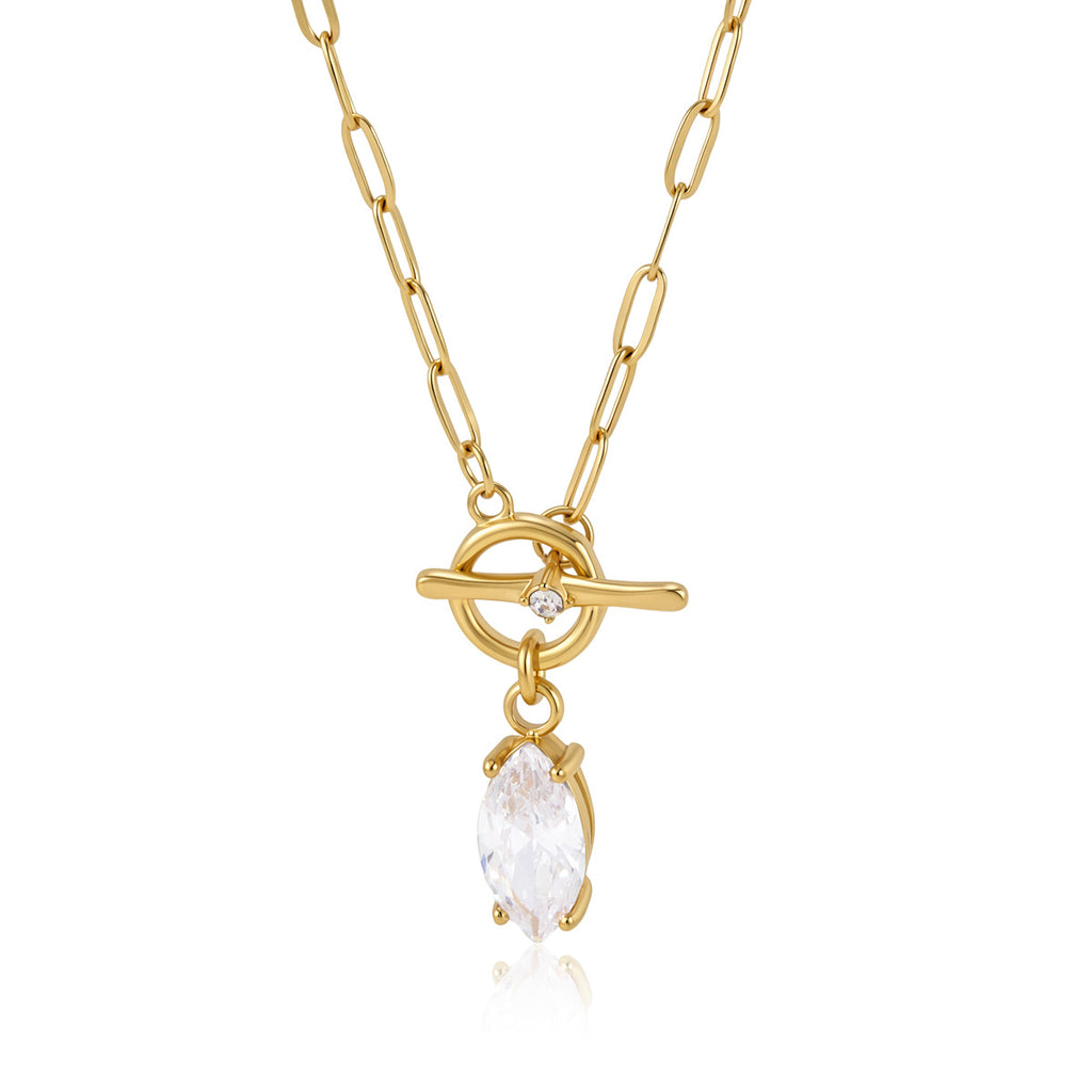 Front view of clear marquise pendant beneath toggle clasp