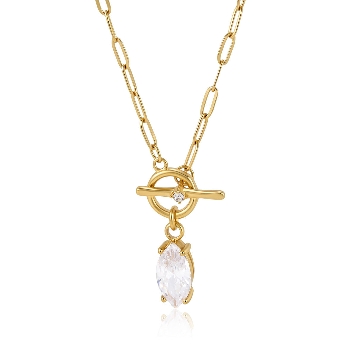 Front view of clear marquise pendant beneath toggle clasp