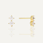 gold plated twin square clear stone stud earrings front and side view