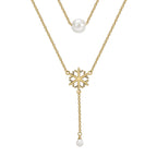 isolated gold plated snowflake drop necklace with two shell pearl beads