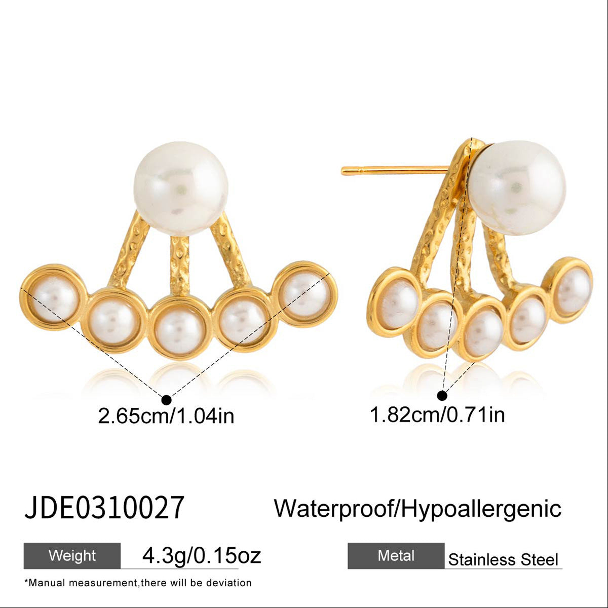 Pearl front-back stud earrings dimensions and material detail