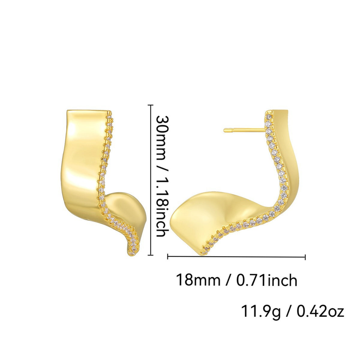 folded ribbon clear stone stud earrings with dimensions and weight