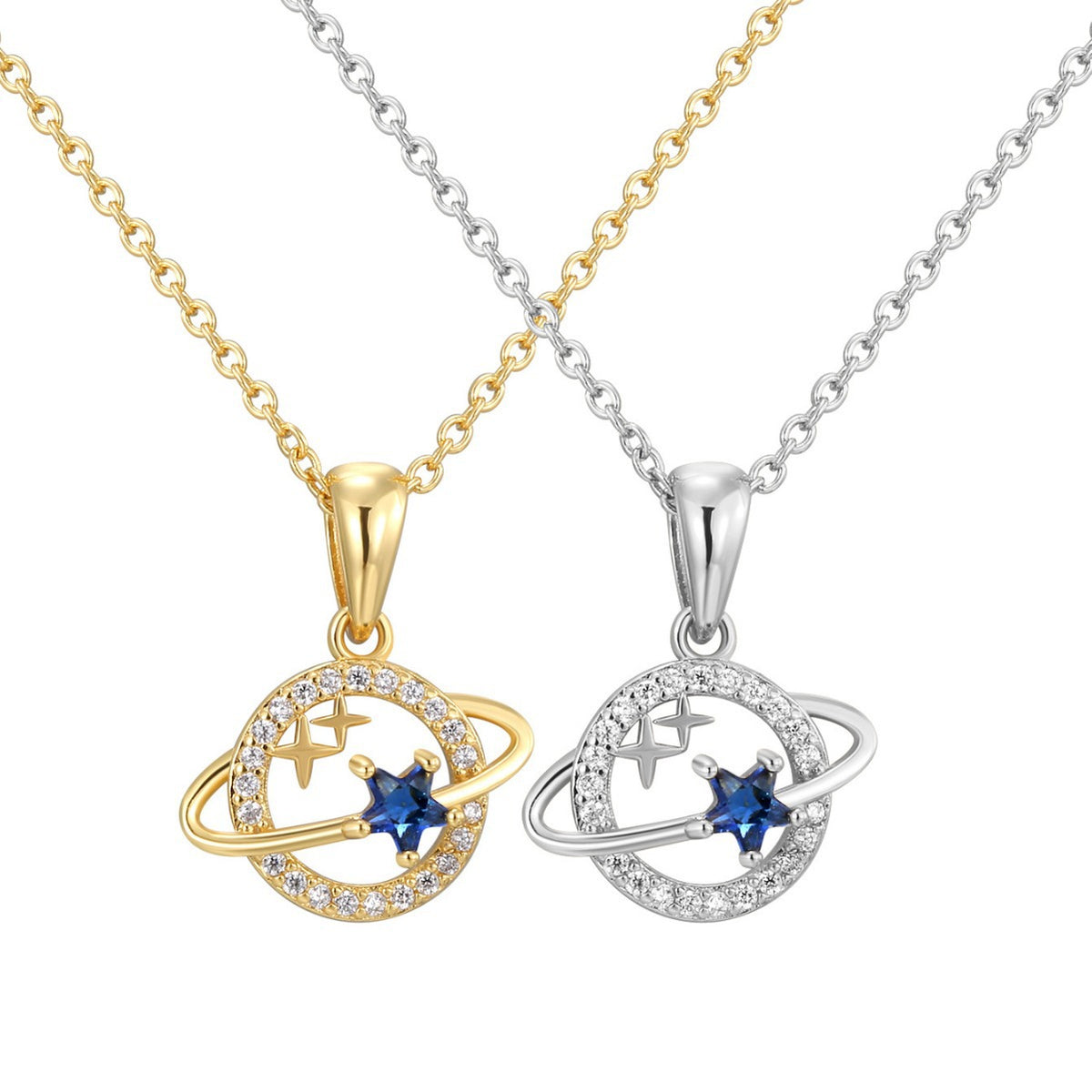 front view of gold plated and silver-finish planet pendant necklaces
