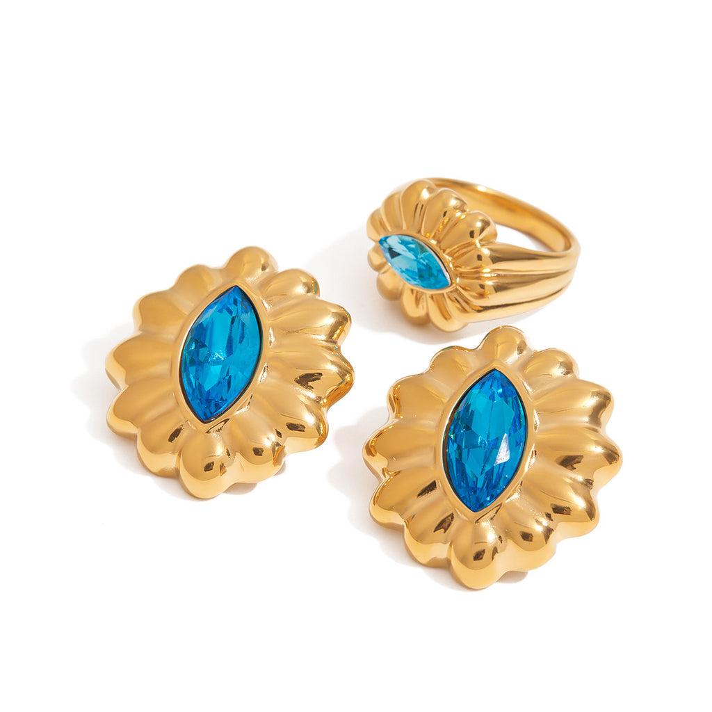 Gold-Tone Blue Zircon Floral Stainless Steel Ring – front view