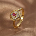 angled oval red stone ring showing its slim band