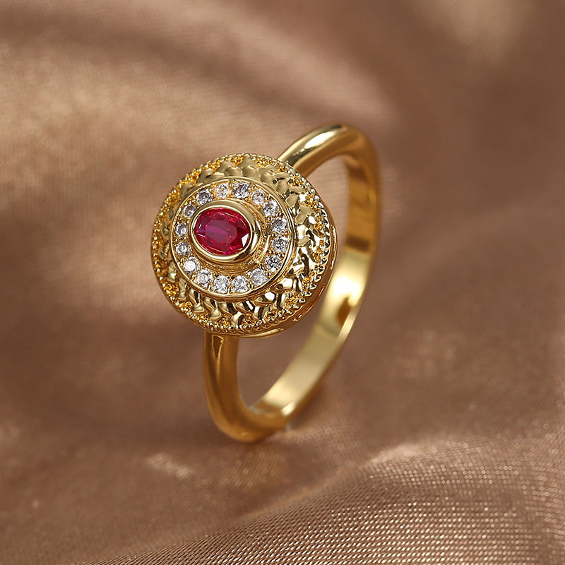 angled oval red stone ring showing its slim band