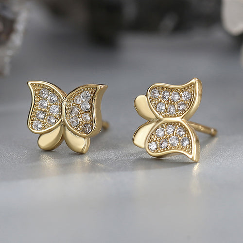 gold plated butterfly zirconia stud earrings in close-up