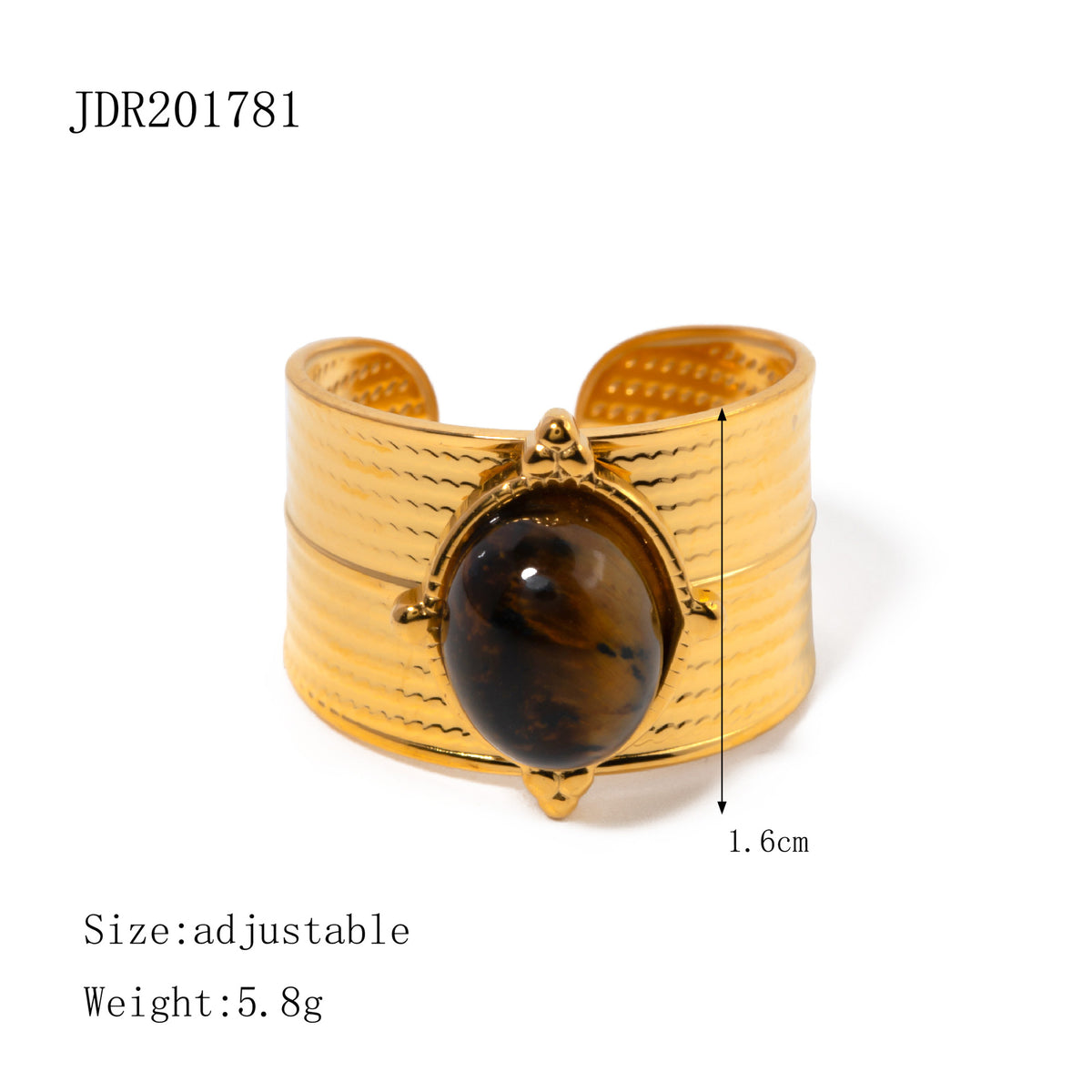 Horizontally lined ring with an oval tiger eye center