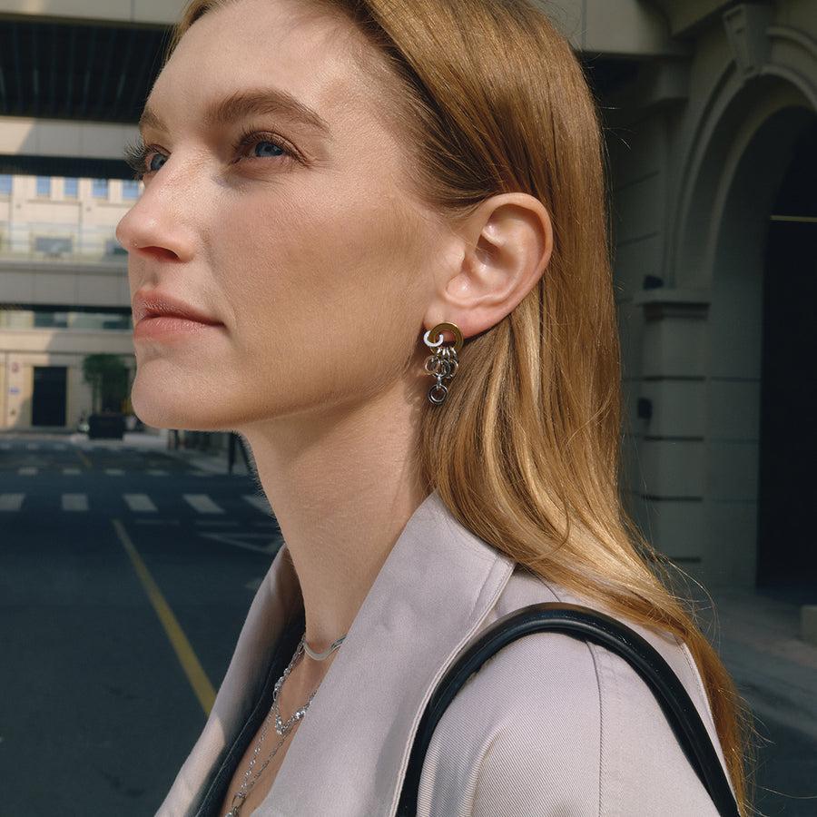 two-tone ring-cluster stainless steel earrings worn on ear