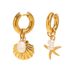 Gold Plated Stainless Steel Starfish and Shell Drop Earrings — side view