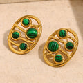 gold plated open oval stud earrings with round malachite cabochons