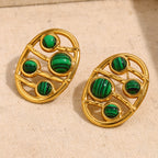 gold plated open oval stud earrings with round malachite cabochons
