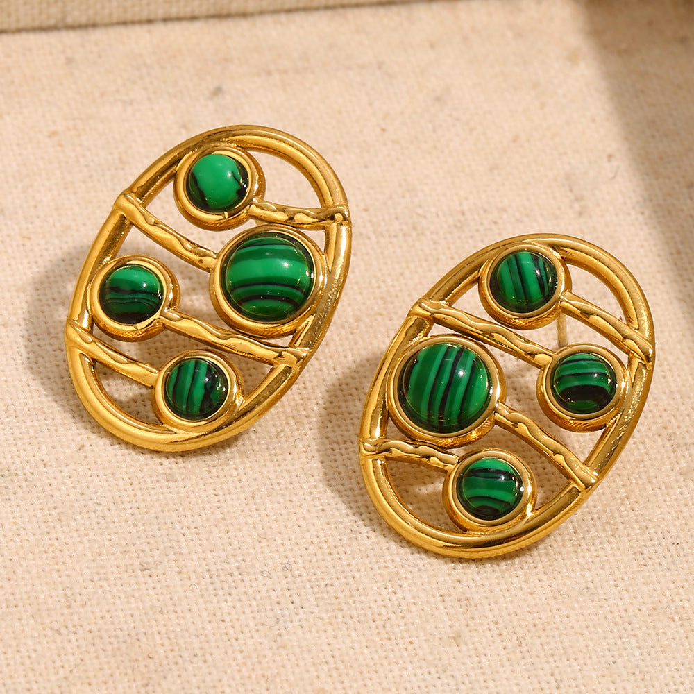 gold plated open oval stud earrings with round malachite cabochons
