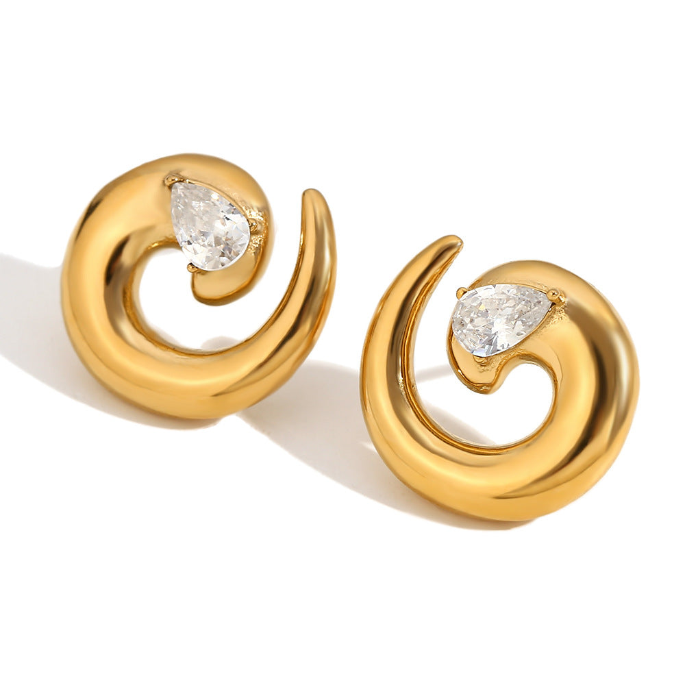 Gold Plated 316L Stainless Steel Spiral Zirconia Stud Earrings — front view of spirals and stones