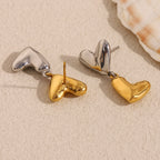 Gold Plated and Silver 316L Stainless Steel Heart Drop Earrings — pair laid flat showing posts