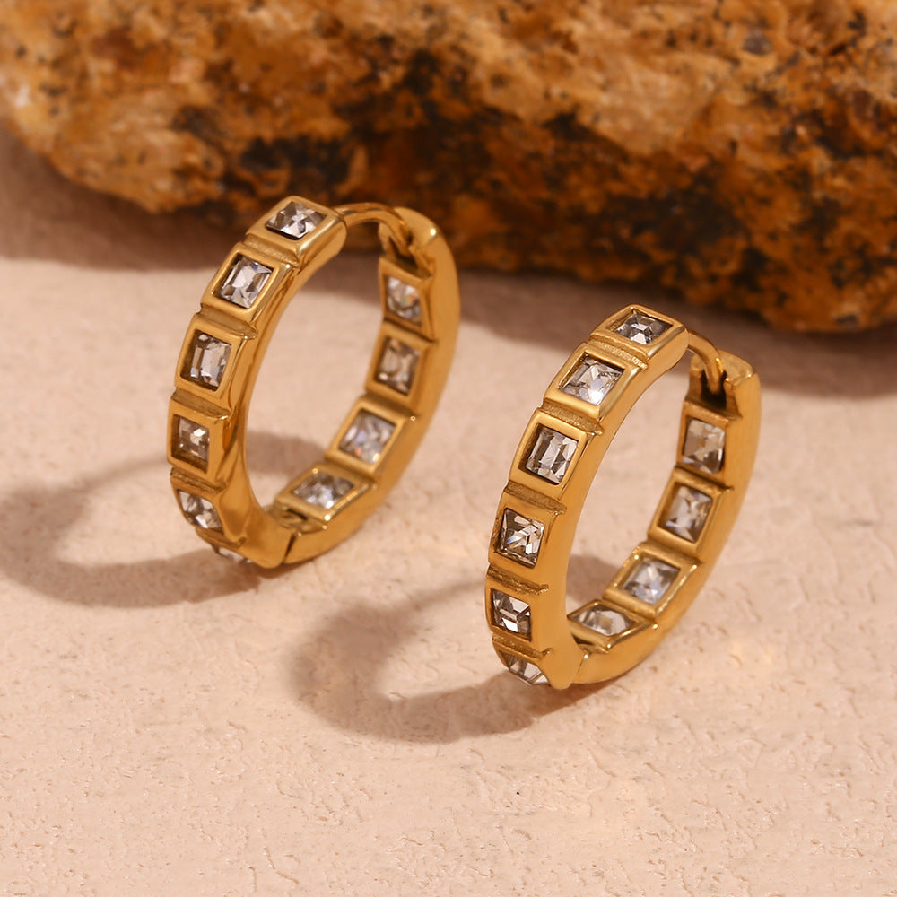 Gold plated 316L stainless steel square zirconia hoop earrings