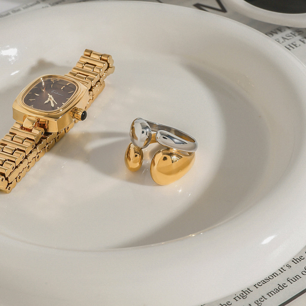 Two-Tone Stainless Steel Double-Dome Open Ring — styled view