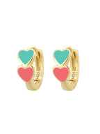 Gold Plated 925 Sterling Silver Colorful Double Heart Hoop Earrings — turquoise and pink hearts