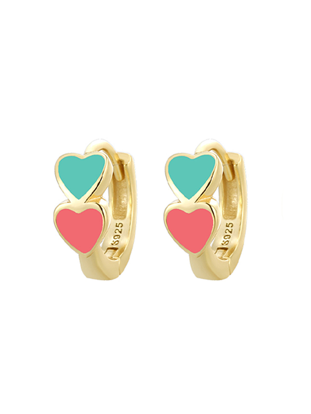 Gold Plated 925 Sterling Silver Colorful Double Heart Hoop Earrings — turquoise and pink hearts