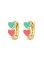 Gold Plated 925 Sterling Silver Colorful Double Heart Hoop Earrings — turquoise and pink hearts
