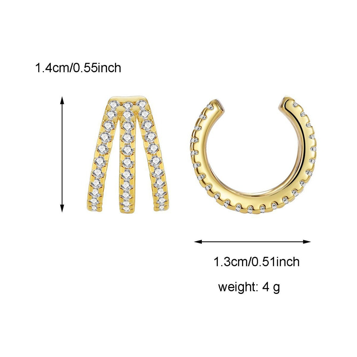 Front and side views of a gold plated ear cuff with 14 by 13 mm dimensions
