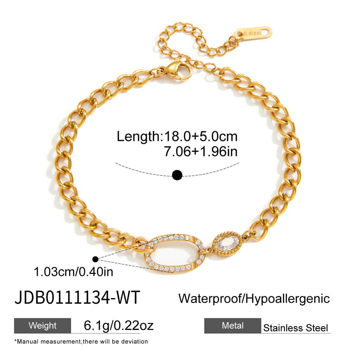 Clear oval-connector chain bracelet length