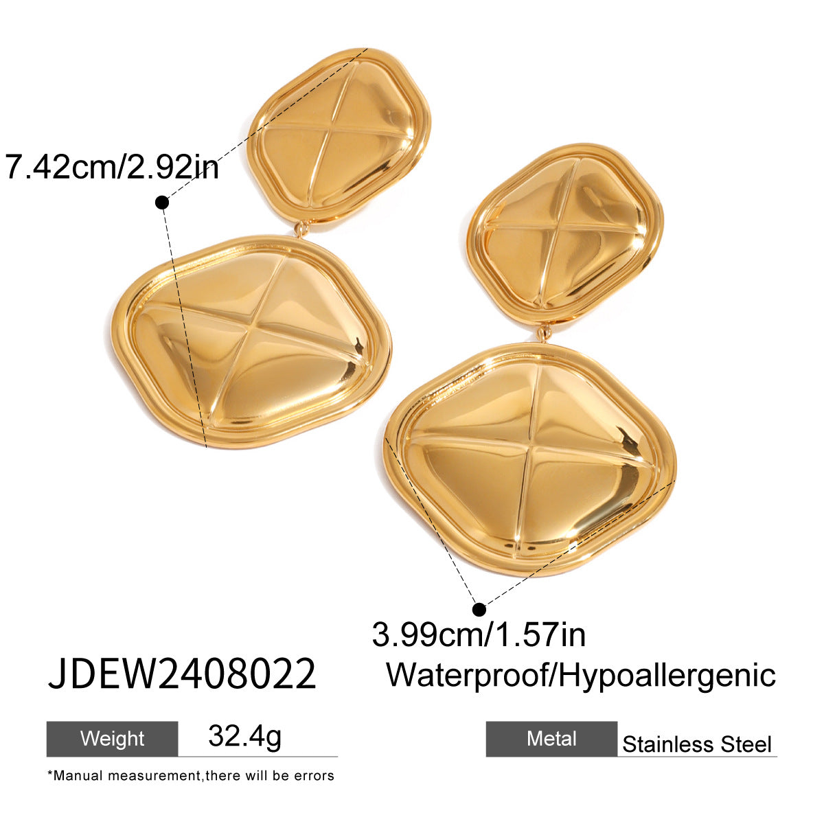 Gold-Tone and Two-Tone Stainless Steel Statement Drop Earrings size and proportion reference