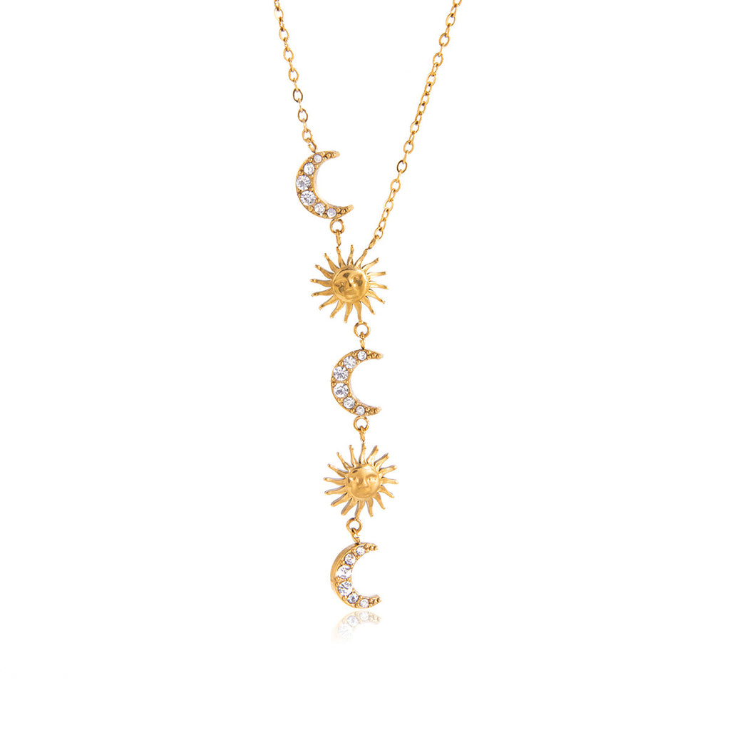 Front product view of the sun and moon drop on a fine chain