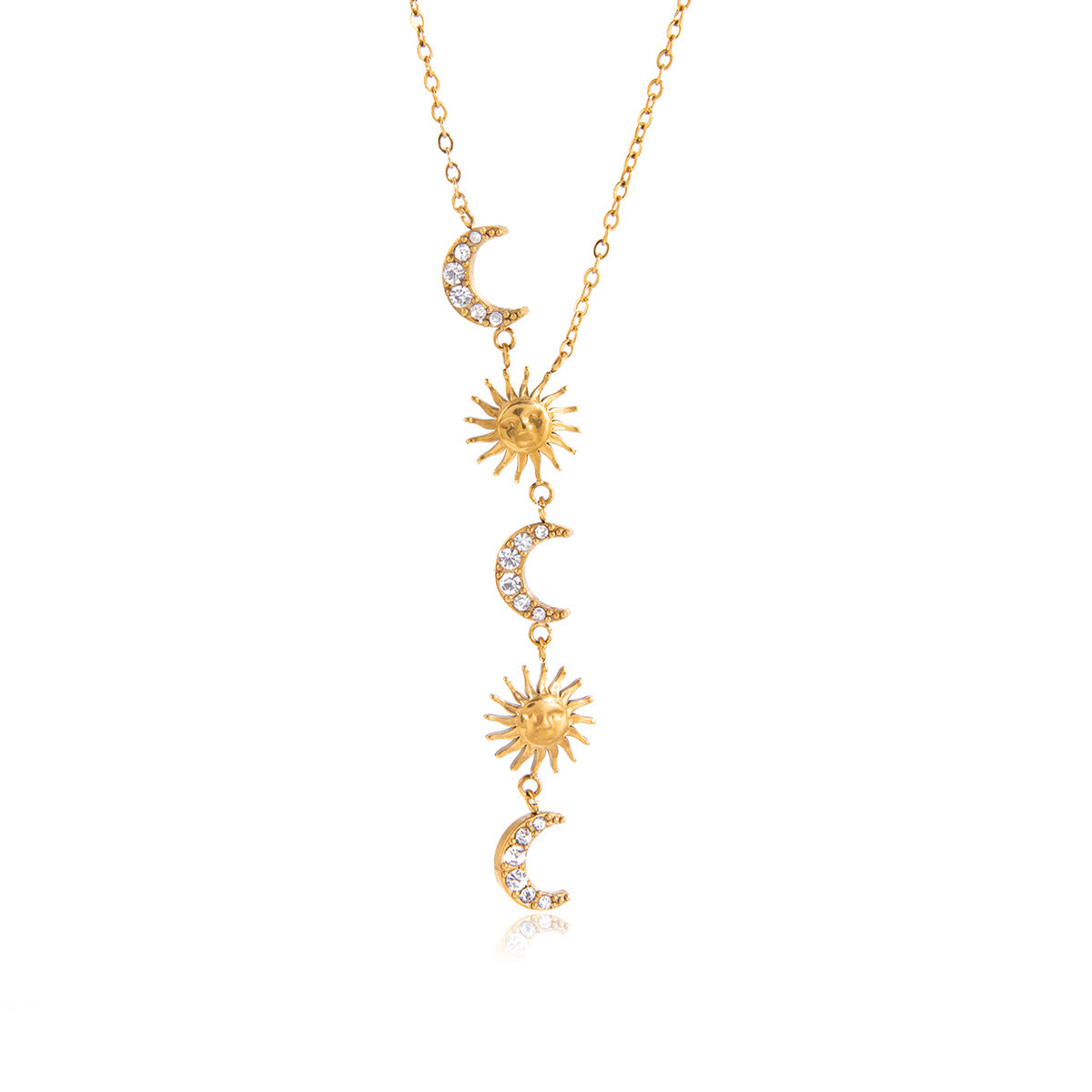 Front product view of the sun and moon drop on a fine chain