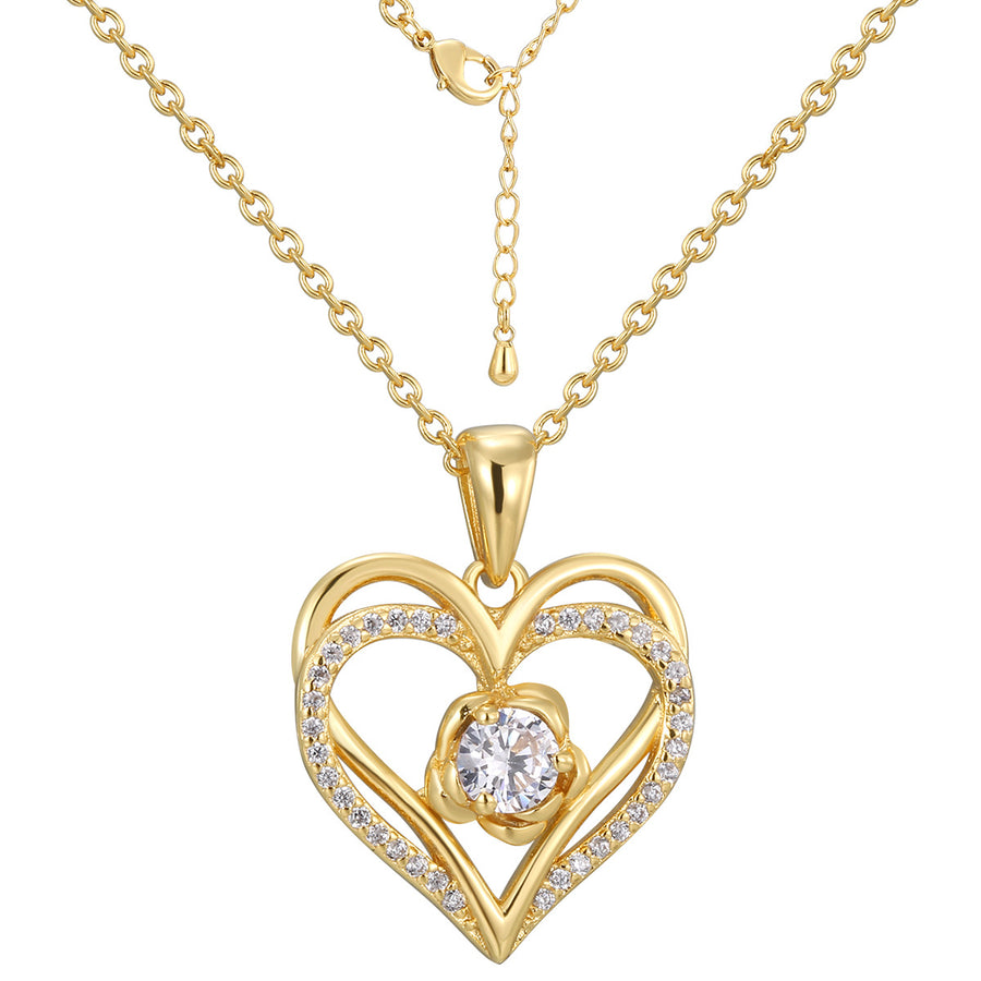 isolated gold plated double heart clear stone pendant necklace