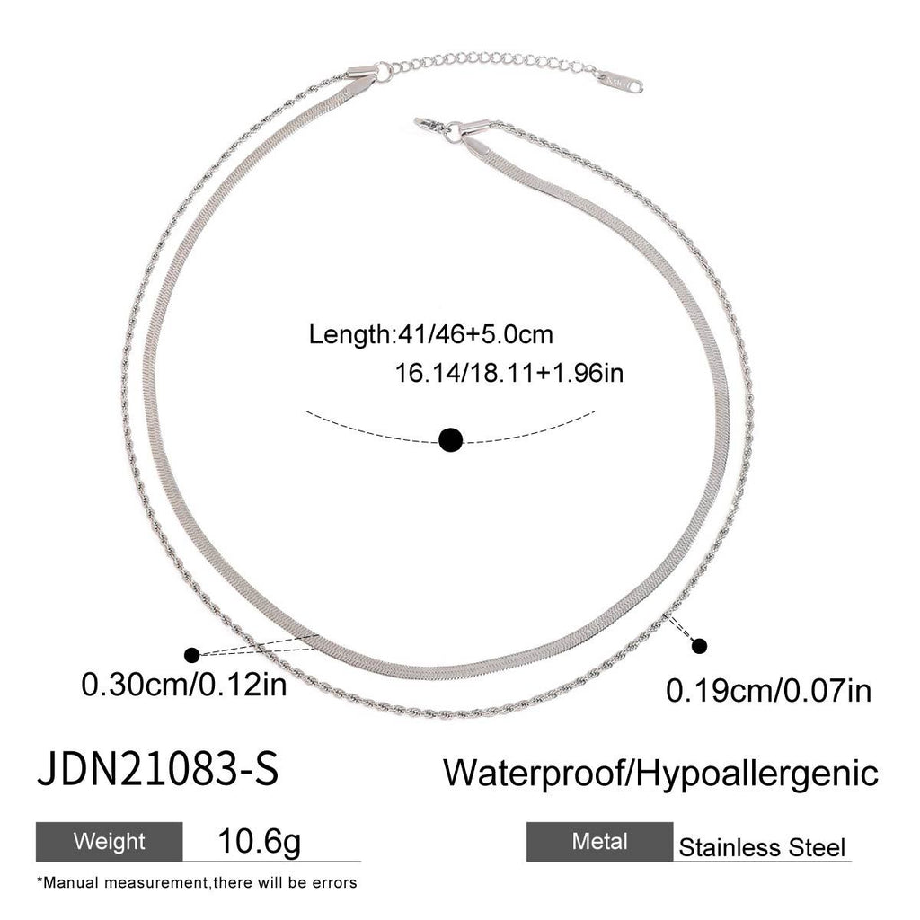 Layered stainless steel necklace with chain length and width diagram