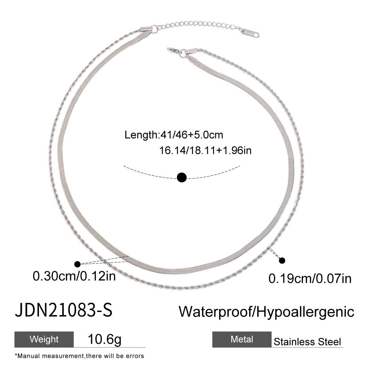 Layered stainless steel necklace with chain length and width diagram
