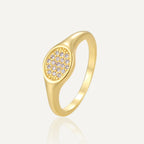 gold plated brass oval signet ring with clear pavé stones