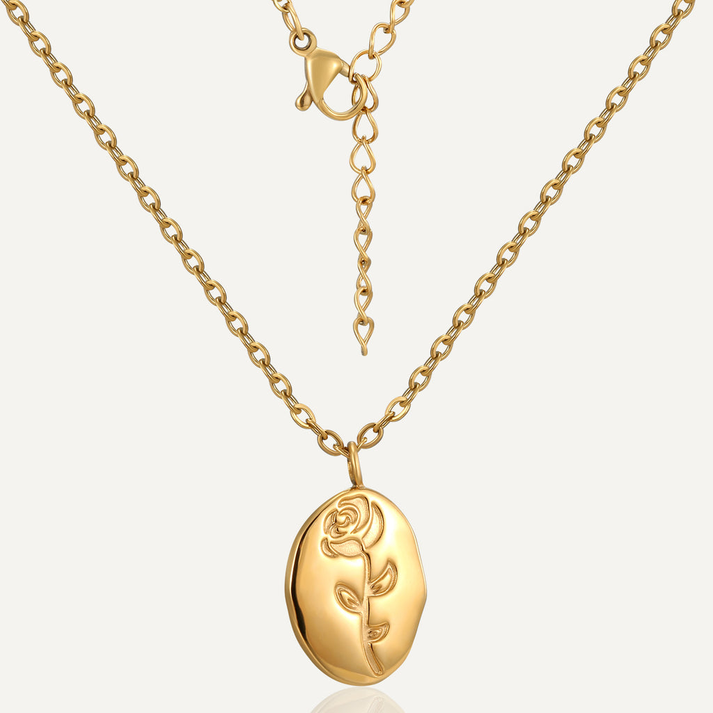 gold plated stainless steel necklace with a rose medallion pendant