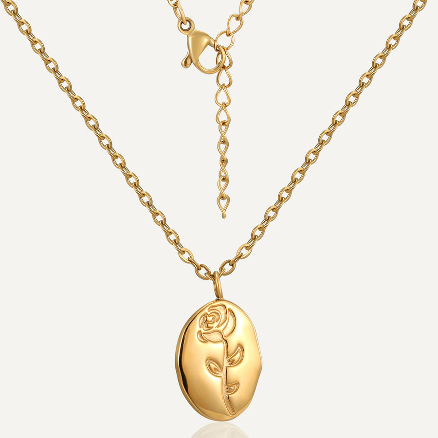 gold plated stainless steel necklace with a rose medallion pendant