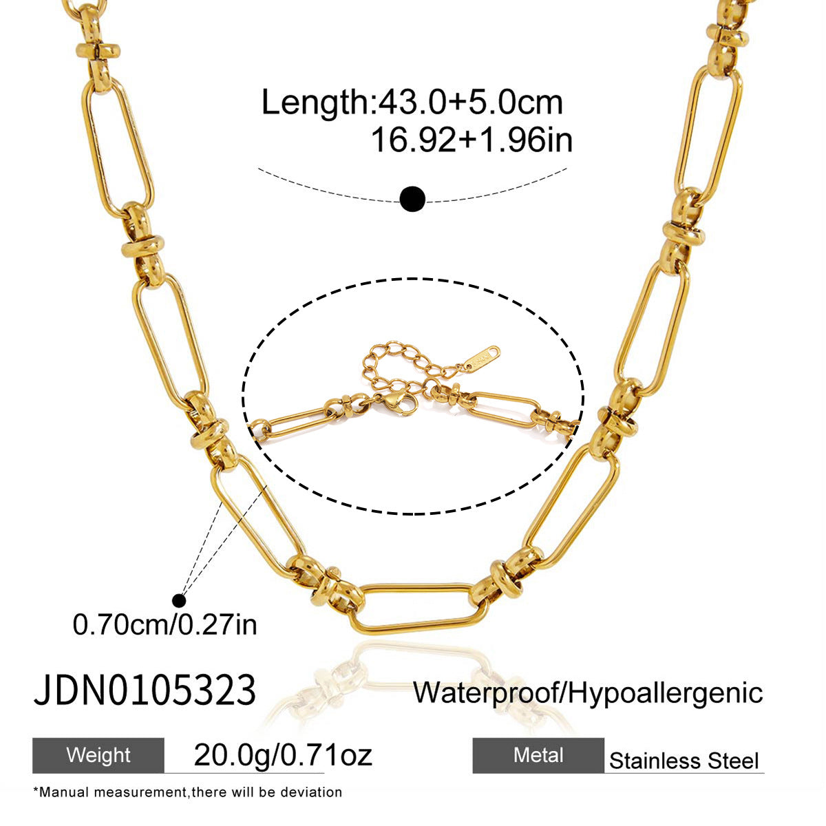 Long rectangular link chain with connecting details