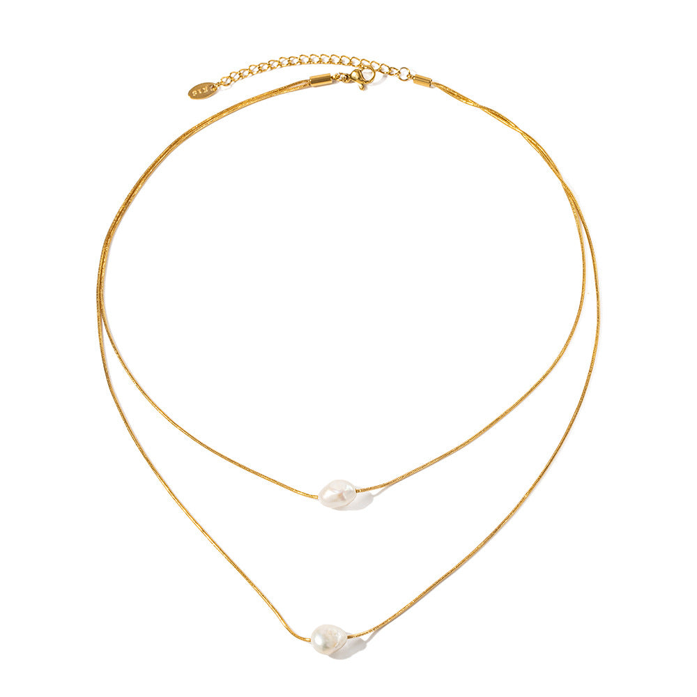 Layered Pearl-Look Stainless Steel Necklace Collection finish and shape detail