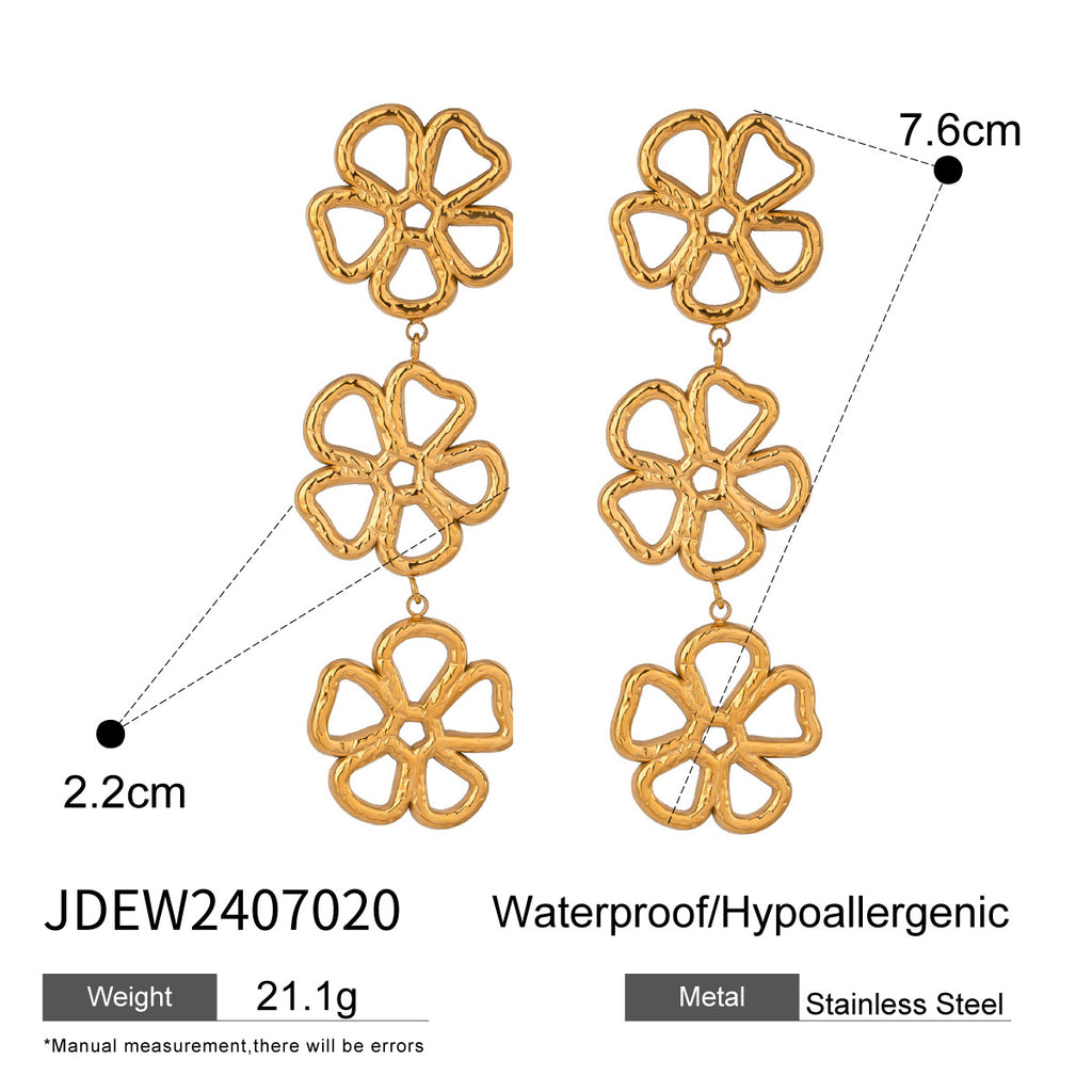Stainless steel three-flower drop earrings with width and length diagram