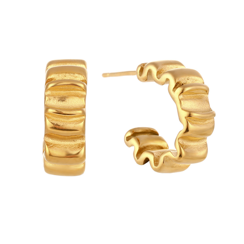 Gold Plated 316L Stainless Steel Pleated Hoop Earrings — front and side view