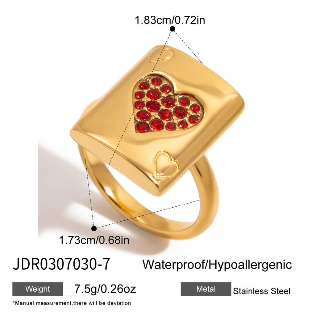Playing Card Heart Stainless Steel Ring, Earrings and Chain Necklace — close-up of the stud earrings