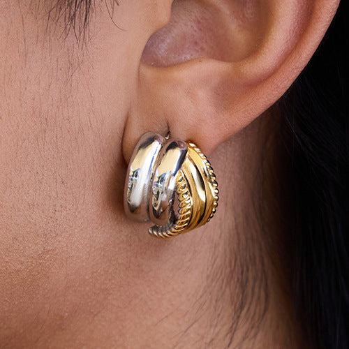 Wholesale Two-Tone Stainless Steel Ribbed Huggie Hoop Earrings - styled view