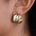 Wholesale Two-Tone Stainless Steel Ribbed Huggie Hoop Earrings - styled view