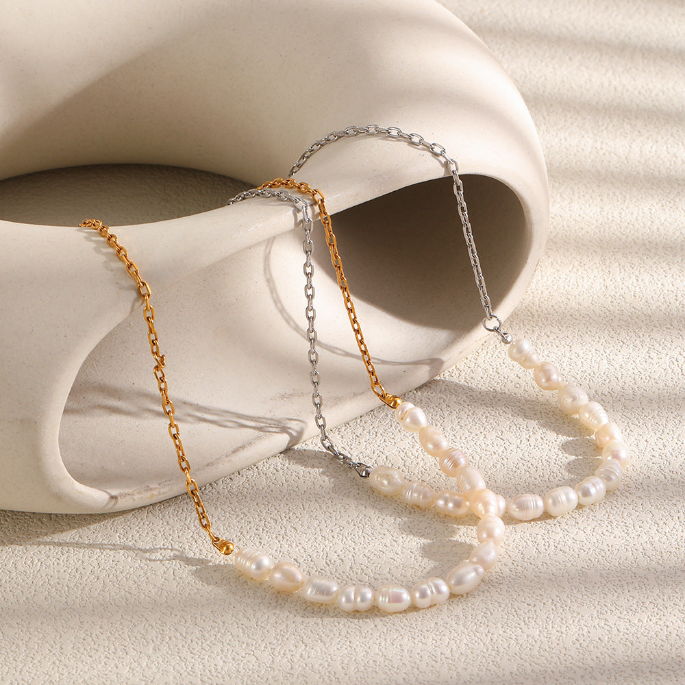 pearl and chain necklaces in two metal tones